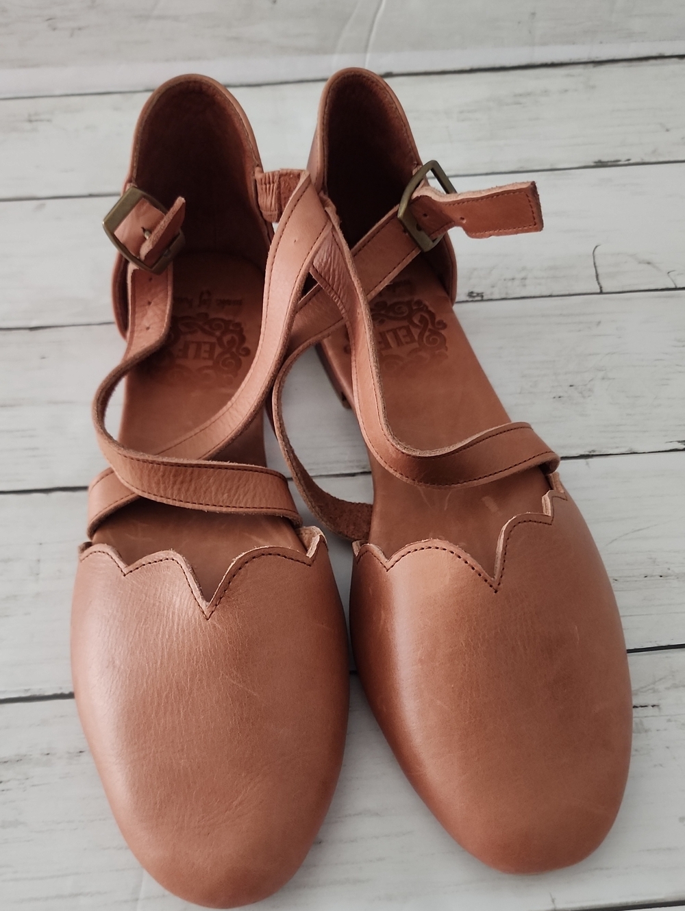 ELF Tan Scalloped Strap Leather Flats